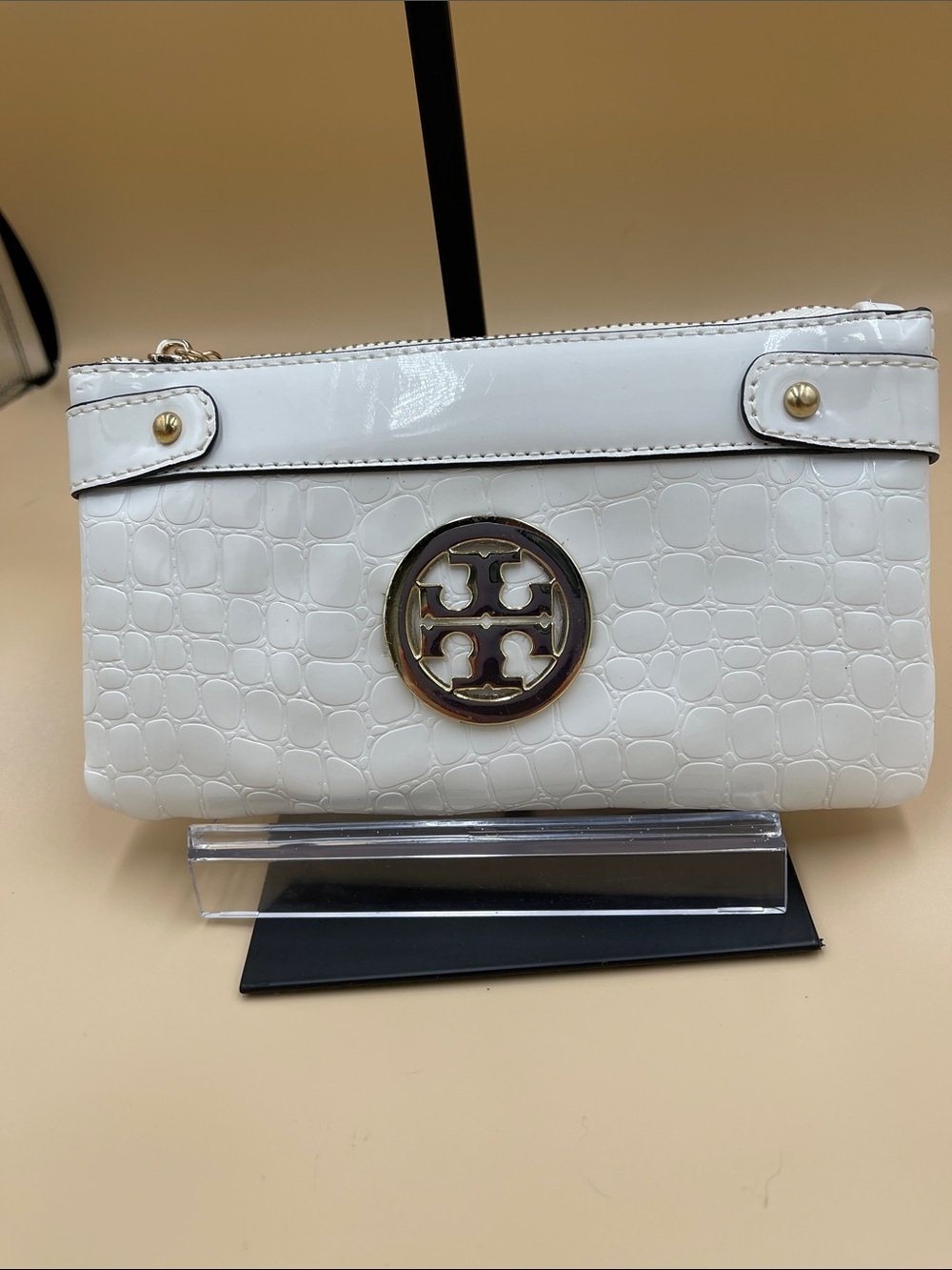 Tory Burch White Croc-Embossed Patent Pouch with Gold Logo